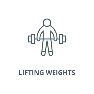 Güçlü atlet, kaldırma ağırlıkları vektör çizgi simgesi, doğrusal kavram, anahat işareti, sembol