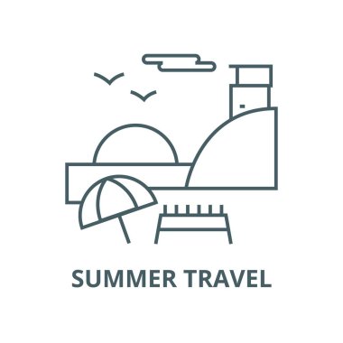 Pazar sahilde, yaz seyahat vektör hattı simgesi, doğrusal kavram, anahat işareti, sembol