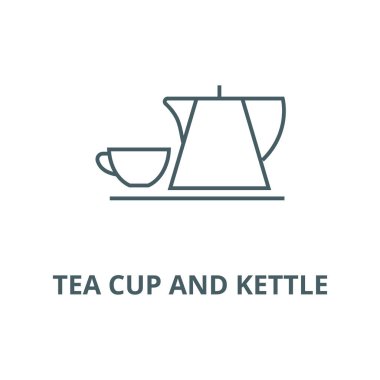 Çay bardağı ve su ısıtıcısı vektör çizgi simgesi, doğrusal kavram, anahat işareti, sembol