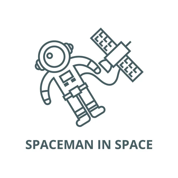 Hombre del espacio en el espacio con el icono de la línea vectorial nave espacial, concepto lineal, signo de contorno, símbolo — Archivo Imágenes Vectoriales