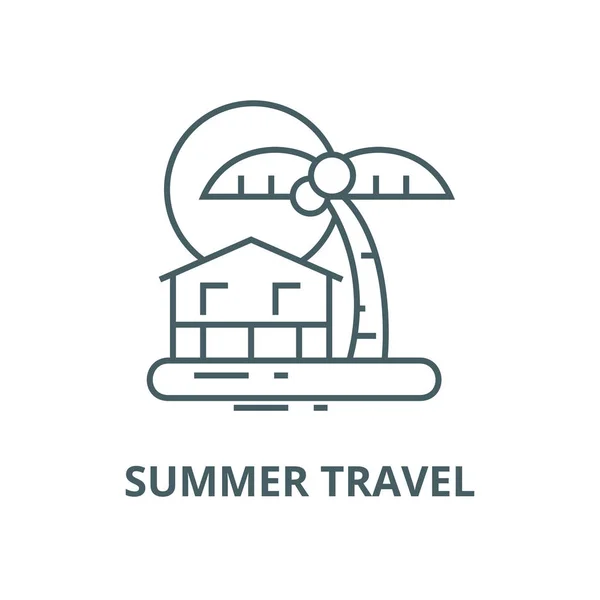 Summer travel, beach, palm, home, sunset vector line icon, linear concept, outline sign, symbol — стоковый вектор