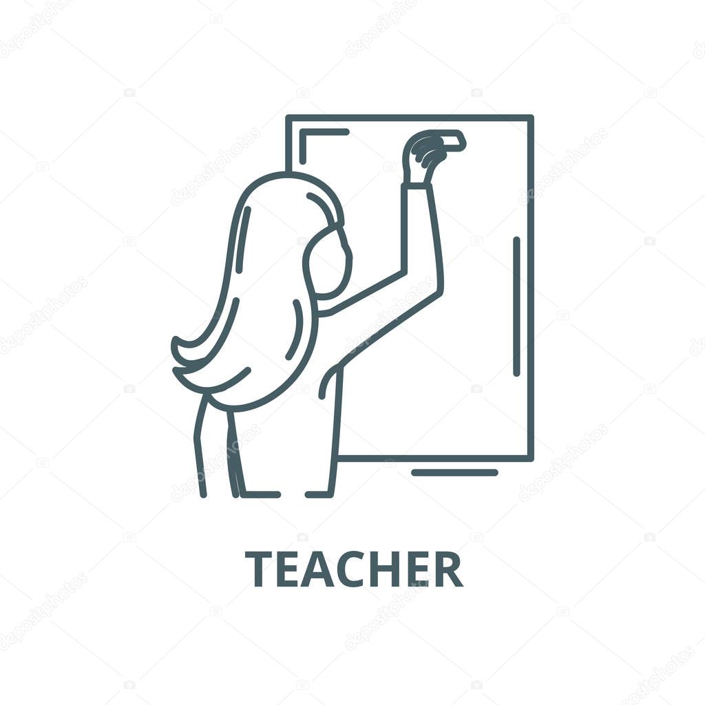 Teacher writes in chalk on a blackboard vector line icon, linear concept, outline sign, symbol