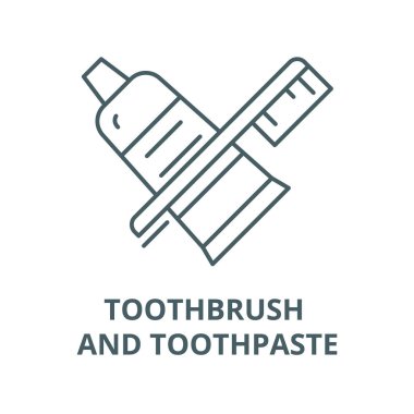 Diş fırçası ve diş macunu vektör çizgi simgesi, doğrusal kavram, anahat işareti, sembol
