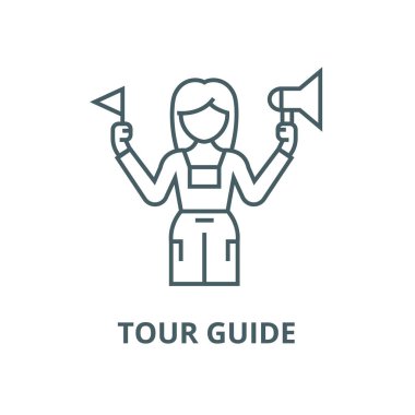 Tur kılavuzu vektör çizgisi simgesi, doğrusal kavram, anahat işareti, sembol