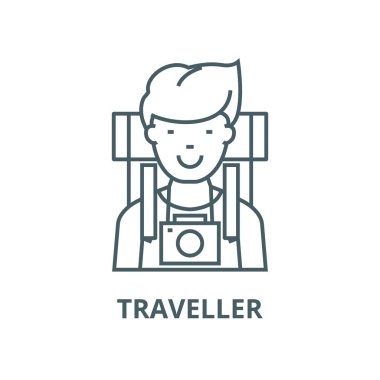 Vektör çizgi simgesi, doğrusal kavram, anahat işareti, sembol ile gezgin, aktif turist