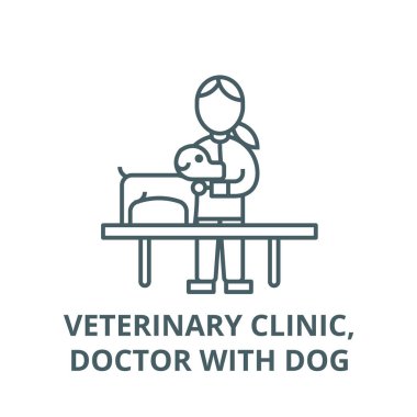 Veteriner kliniği, köpek vektör çizgi simgesi ile doktor, doğrusal kavram, anahat işareti, sembol