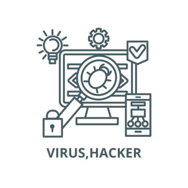 Virüs, hacker, anti hack vektör hattı simgesi, doğrusal kavram, anahat işareti, sembol