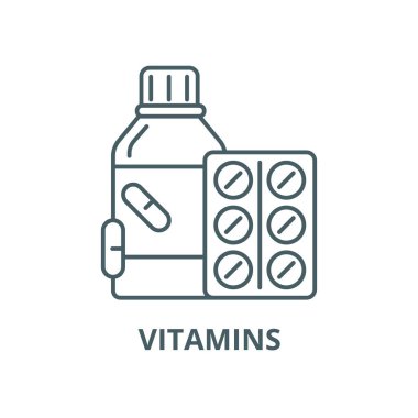 Vitaminler vektör çizgi simgesi, doğrusal kavram, anahat işareti, sembol