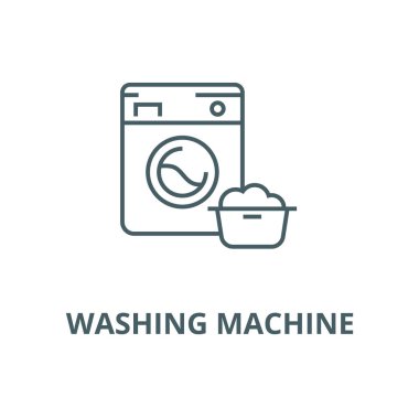 Çamaşır makinesi, çamaşırhane servisi vektör çizgisi simgesi, doğrusal konsept, anahat işareti, sembol