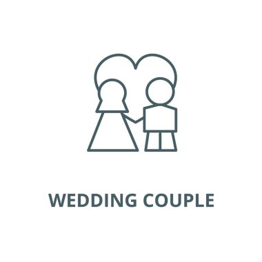 Kalp vektör çizgi simgesi, doğrusal kavram, anahat işareti, sembol aşk ile Düğün çift