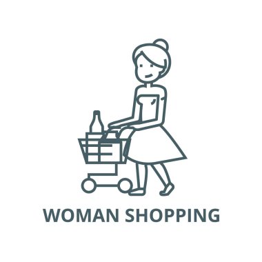 Kadın süpermarkette alışveriş yapıyor, market arabası vektör çizgisi simgesi, doğrusal konsept, dış hat işareti, sembol