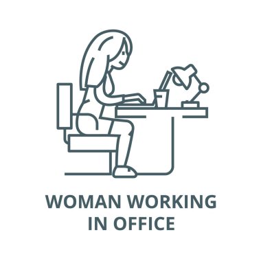 Ofis vektör satırı simgesinde defter üzerinde çalışan kadın, doğrusal konsept, çizgi işareti, sembol
