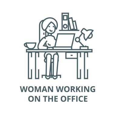 Ofis vektör çizgisi simgesi, doğrusal konsept, dış hat işareti, sembol üzerinde çalışan kadın