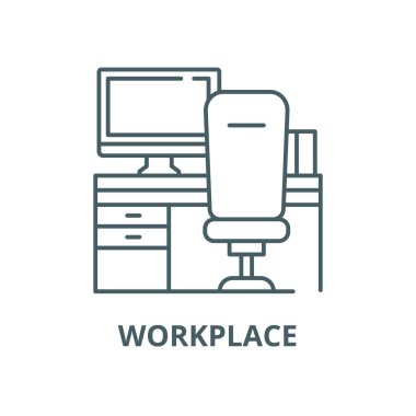 Bilgisayar ve sandalye vektör çizgisi simgesi, doğrusal konsept, çizgi işareti, sembol içeren işyeri