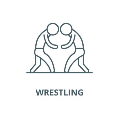 Güreş vektör çizgisi simgesi, doğrusal konsept, ana çizgi işareti, sembol