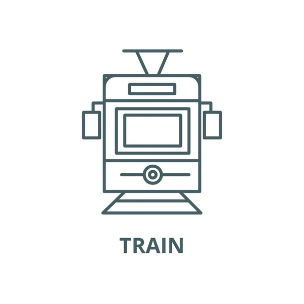 Pociąg, tramwaj przedni widok ikona linii wektorowej, koncepcja liniowa, znak konspektu, symbol — Wektor stockowy