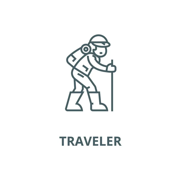 旅行者， 徒步旅行的人矢量线图标， 线性概念， 轮廓符号， 符号 — 图库矢量图片