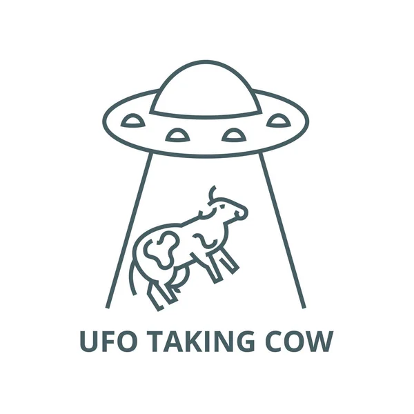 Ufo tomando vaca vector línea icono, concepto lineal, signo de contorno, símbolo — Archivo Imágenes Vectoriales