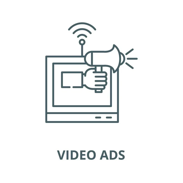 Εικονίδιο διανυσματικής γραμμής διαφημίσεων βίντεο, γραμμική έννοια, σύμβολο περιγράμματος — Διανυσματικό Αρχείο
