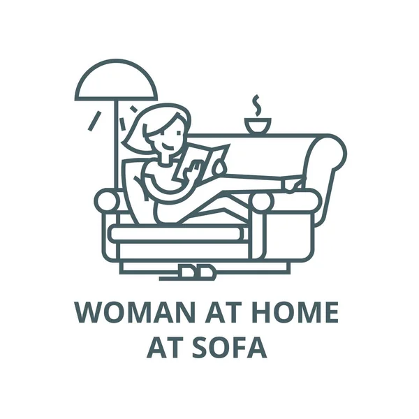 Mujer en casa en sofá lectura libro vector línea icono, concepto lineal, signo de contorno, símbolo — Archivo Imágenes Vectoriales
