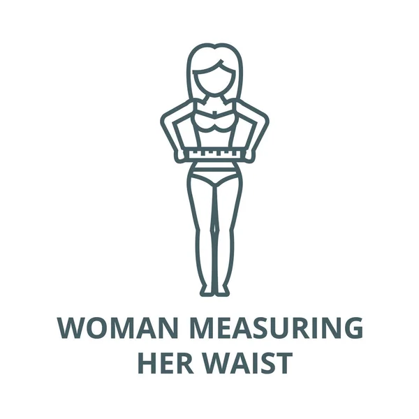 Donna che misura la vita, icona della linea vettoriale di fitness, concetto lineare, segno di contorno, simbolo — Vettoriale Stock