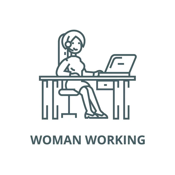 ラップトップベクトルラインアイコン、線形概念、アウトライン記号、シンボルを使用してテーブルで作業する女性 — ストックベクタ