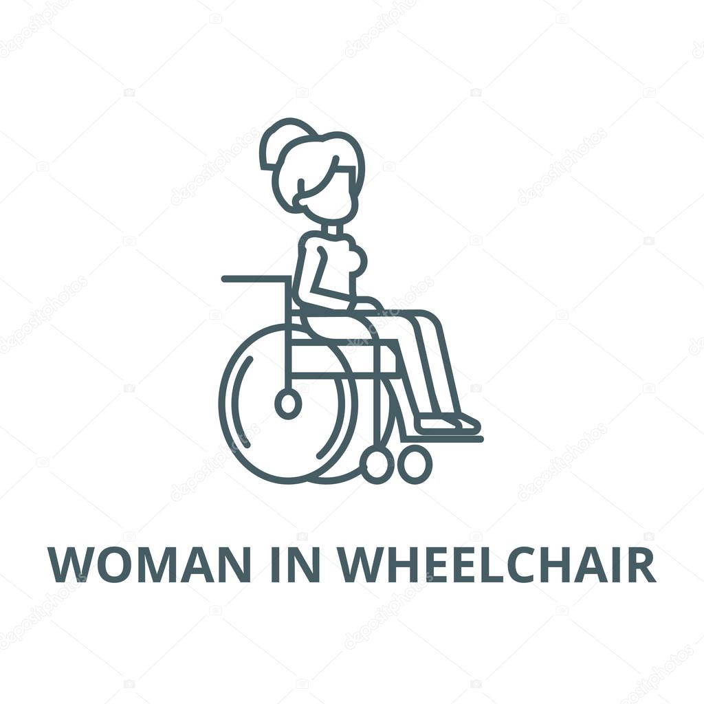 Woman in wheelchair for disabled people vector line icon, linear concept, outline sign, symbol