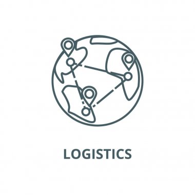 Lojistik, dünya çapında teslimat vektör hattı simgesi, doğrusal kavram, anahat işareti, sembol