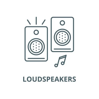 Hoparlörler vektör satırı simgesi, doğrusal kavram, anahat işareti, sembol