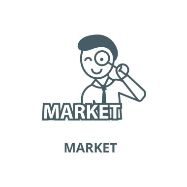 Pazarlama, büyüteç vektör çizgi simgesi, doğrusal kavram, anahat işareti, sembol ile adam