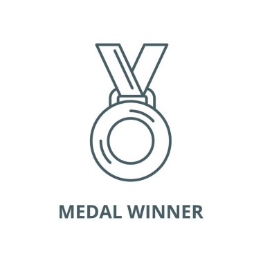 Madalya kazanan vektör çizgisi simgesi, doğrusal kavram, anahat işareti, sembol