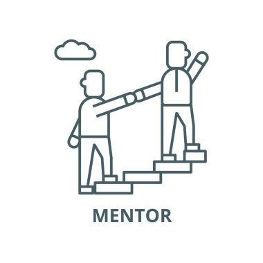 Mentor, yardım, mentorluk, hedefe vektör çizgi simgesi, doğrusal kavram, anahat işareti, sembol ulaşmak