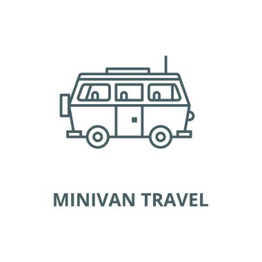 Minivan seyahat, aile otomobili vektör çizgi simgesi, doğrusal kavram, anahat işareti, sembol