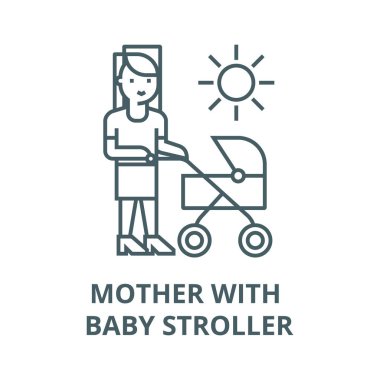 Bebek arabası vektör çizgi simgesi, doğrusal kavram, anahat işareti, sembol ile Anne