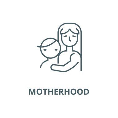 Çocuklu anne, annelik vektör çizgi simgesi, doğrusal kavram, anahat işareti, sembol
