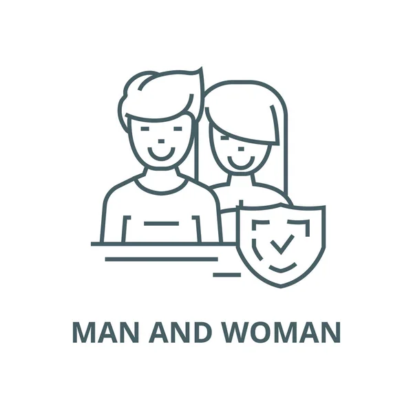 Uomo e donna, fronte, icona della linea vettoriale dello scudo, concetto lineare, segno di contorno, simbolo — Vettoriale Stock