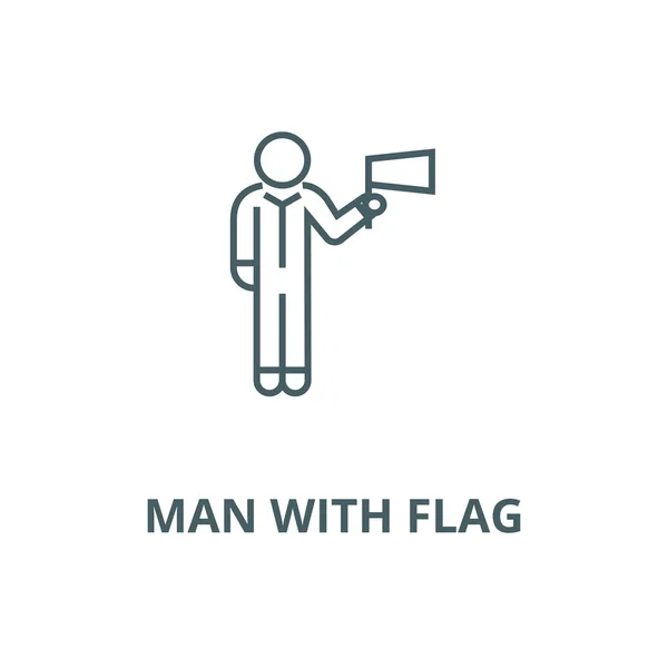 Homme avec icône de ligne vectorielle drapeau, concept linéaire, signe de contour, symbole — Image vectorielle