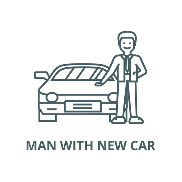 Homem com carro novo, ícone de linha de vetor automático, conceito linear, sinal de contorno, símbolo —  Vetores de Stock