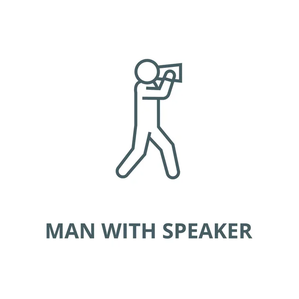 Homem com ícone de linha vetorial alto-falante, conceito linear, sinal de contorno, símbolo —  Vetores de Stock