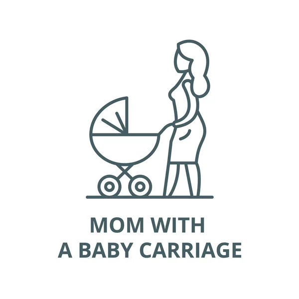 Ibu dengan ikon garis vektor kereta bayi, konsep linear, tanda garis luar, simbol - Stok Vektor