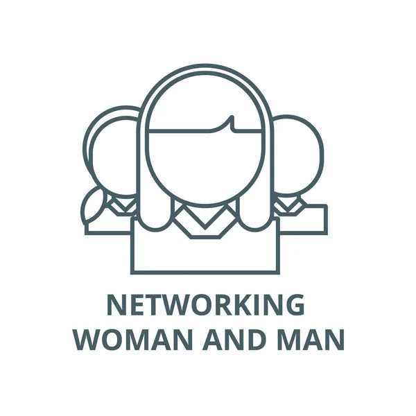 Δικτύωση γυναίκα και άντρας εικονίδιο διανυσματικής γραμμής, γραμμική έννοια, σημάδι περίγραμμα, σύμβολο — Διανυσματικό Αρχείο