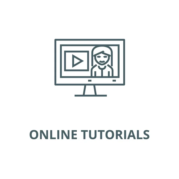 Online tutorials, onderwijs in monitor vector lijn icon, lineair concept, omtrek teken, symbool — Stockvector