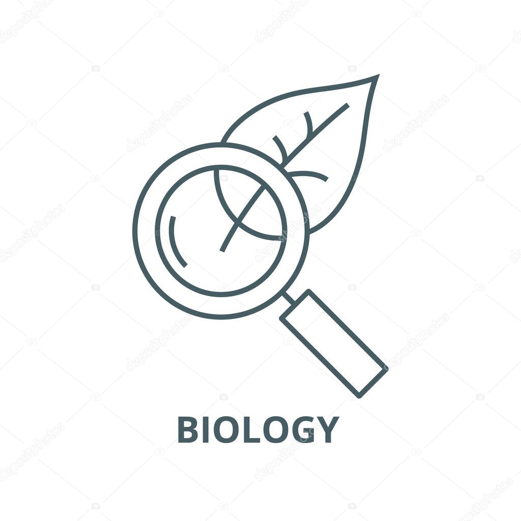 Magnifier glass with leaf,biology vector line icon, linear concept, outline sign, symbol