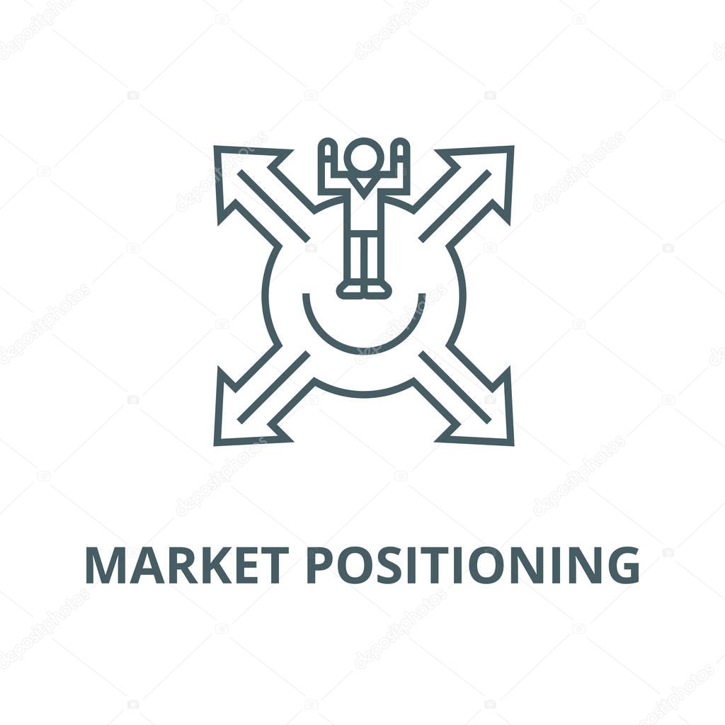 Market positioning,man with cross arrows vector line icon, linear concept, outline sign, symbol