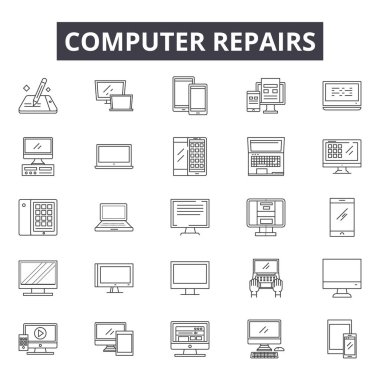 Bilgisayar onarım çizgi simgeleri, işaretler, vektör seti, doğrusal kavram, anahat illüstrasyon