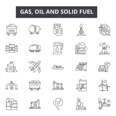 Gaz, petrol ve katı yakıt hattı simgeleri, işaretler, vektör seti, doğrusal kavram, anahat illüstrasyon
