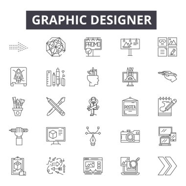 Grafik tasarımcı çizgi simgeleri, işaretler, vektör seti, doğrusal kavram, anahat illüstrasyon
