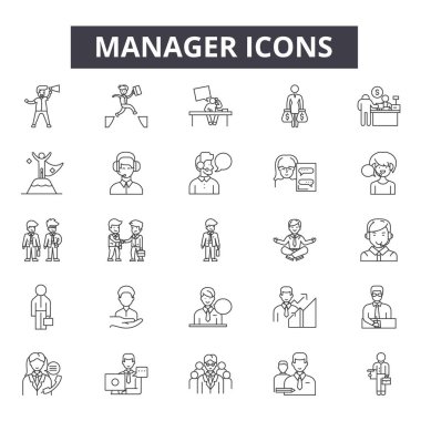 Yönetici kavram çizgisi simgeleri, işaretler, vektör seti, doğrusal kavram, anahat çizimi