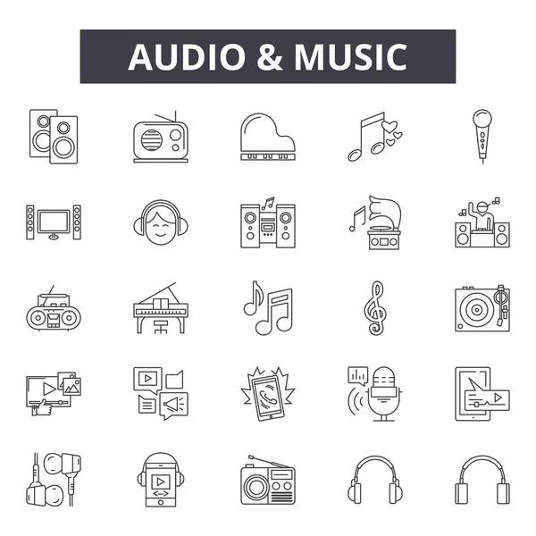 Iconos de línea de audio y música, signos, conjunto de vectores, concepto lineal, ilustración de contorno — Archivo Imágenes Vectoriales