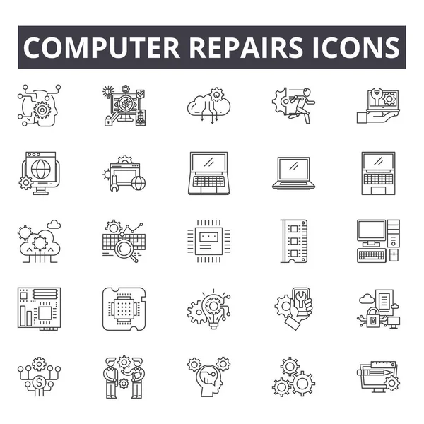 Reparos de computador ícones de linha de conceito, sinais, conjunto de vetores, conceito linear, ilustração esboço — Vetor de Stock